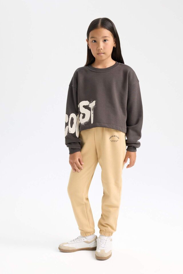 Kız Çocuk Bisiklet Yaka Baskılı Kalın Sweatshirt