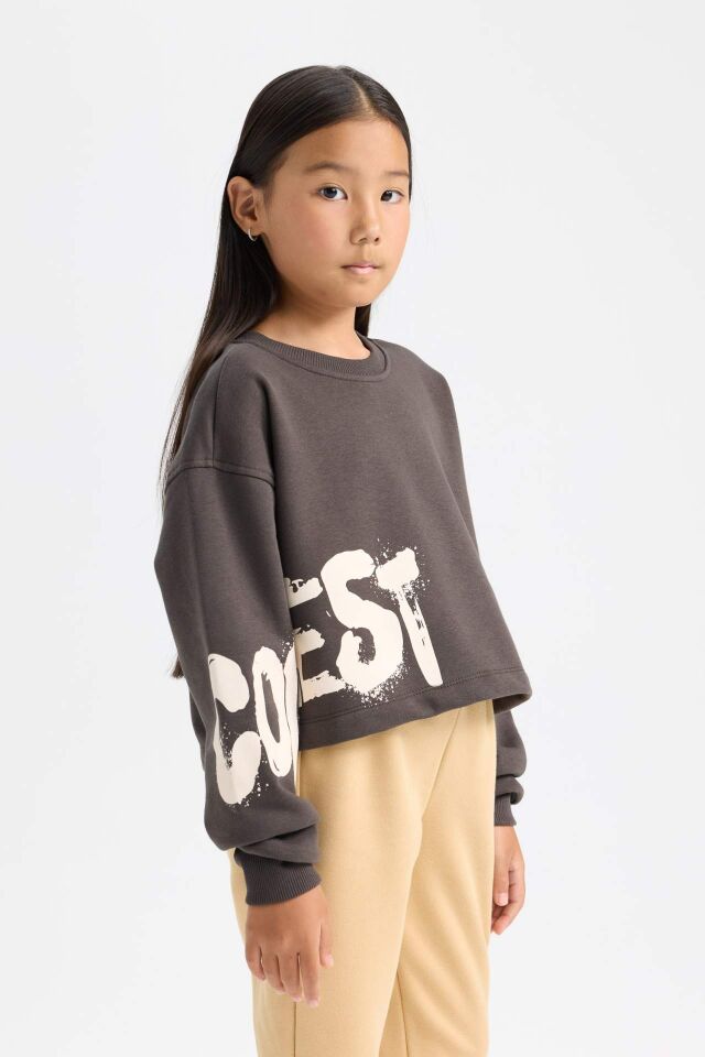 Kız Çocuk Bisiklet Yaka Baskılı Kalın Sweatshirt