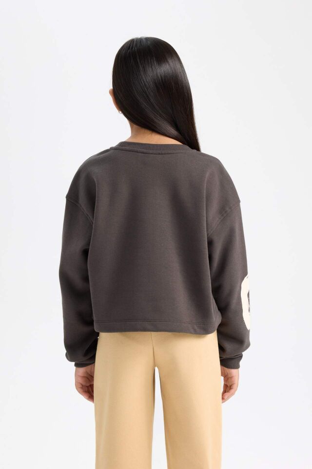 Kız Çocuk Bisiklet Yaka Baskılı Kalın Sweatshirt