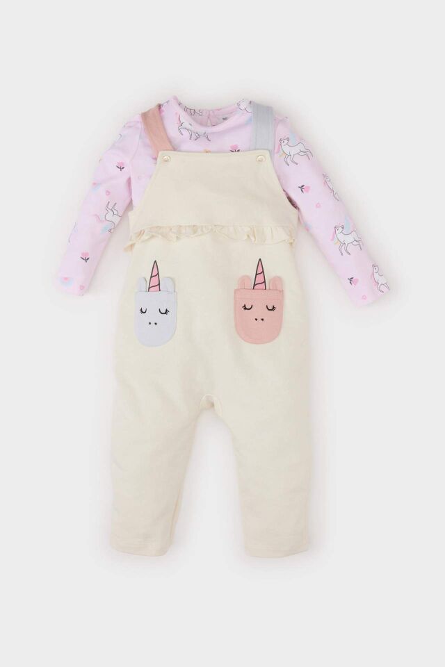 Kız Bebek 2'li Takım Unicorn Baskılı Sweatshirt Salopet Tulum
