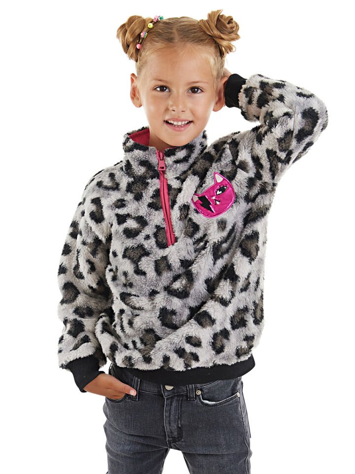Leoparlı Kız Çocuk Peluş Sweatshirt 10 Y - Gri, Siyah