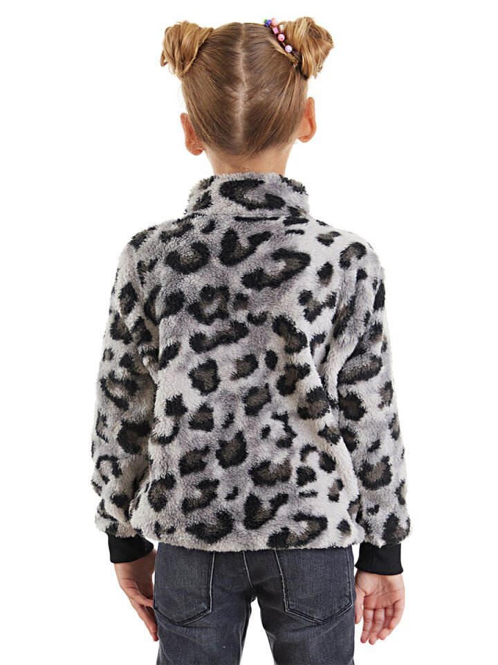 Leoparlı Kız Çocuk Peluş Sweatshirt 10 Y - Gri, Siyah