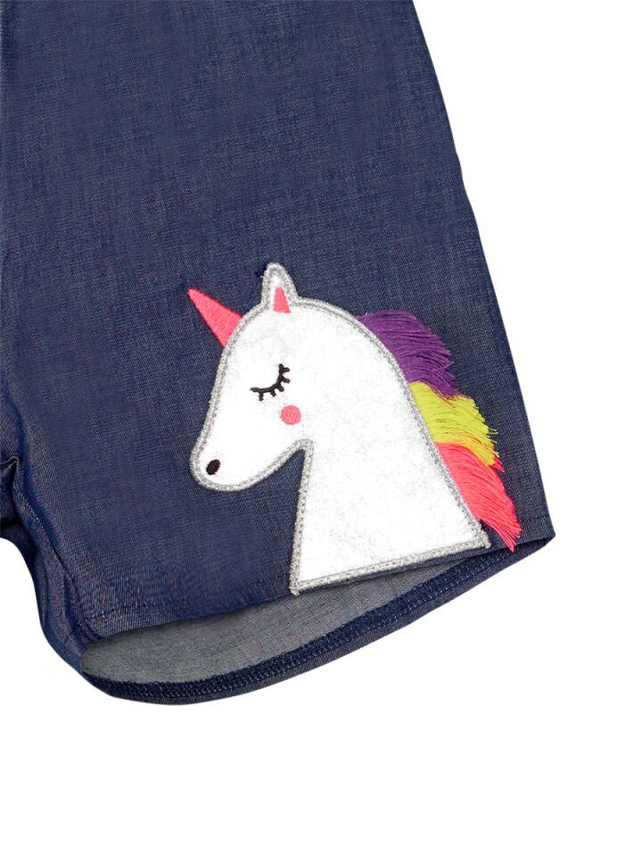 Renkli Püsküllü Unicorn Kız Bluz Denim Şort Takım 8 Y - Lacivert, Beyaz