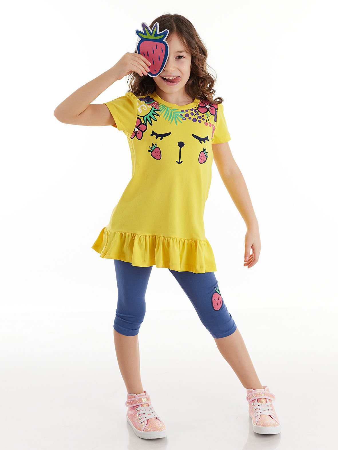 Çilek Kız Çocuk Tunik Tayt Takım 7 Y - Sarı, Lacivert
