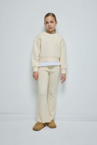 Kız Çocuk Relax Fit Bisiklet Yaka Basic Düz İçi Yumuşak Tüylü Kalın Sweatshirt