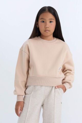 Kız Çocuk Relax Fit Bisiklet Yaka Basic Düz İçi Yumuşak Tüylü Kalın Sweatshirt