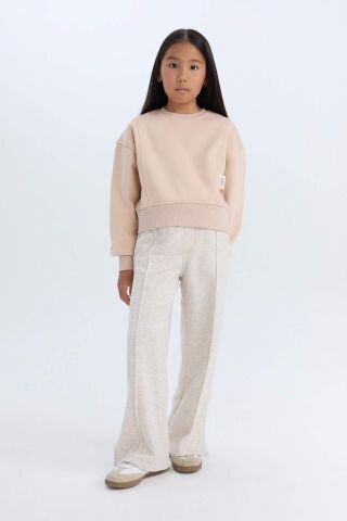 Kız Çocuk Relax Fit Bisiklet Yaka Basic Düz İçi Yumuşak Tüylü Kalın Sweatshirt