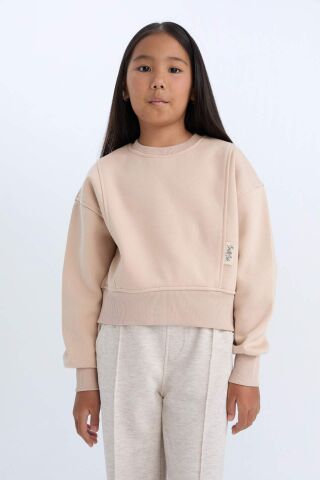 Kız Çocuk Relax Fit Bisiklet Yaka Basic Düz İçi Yumuşak Tüylü Kalın Sweatshirt