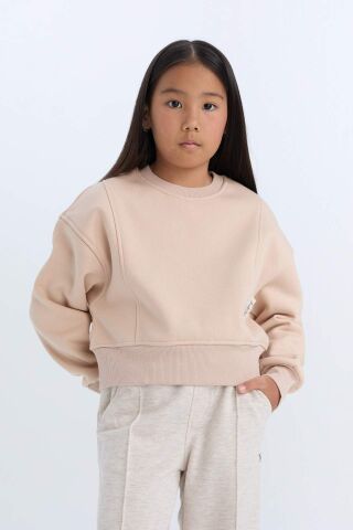 Kız Çocuk Relax Fit Bisiklet Yaka Basic Düz İçi Yumuşak Tüylü Kalın Sweatshirt