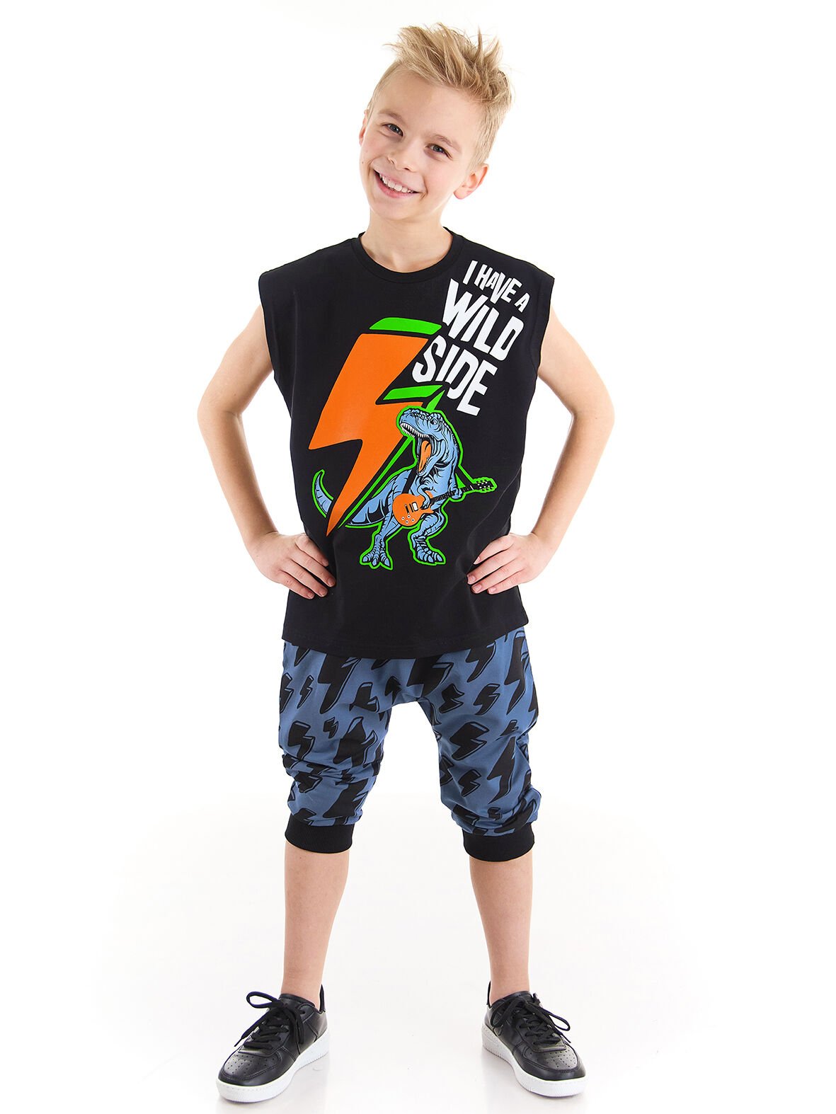 Şimşek Dino Erkek Çocuk T-shirt Kapri Şort Takım 3 Y - Siyah, Lacivert