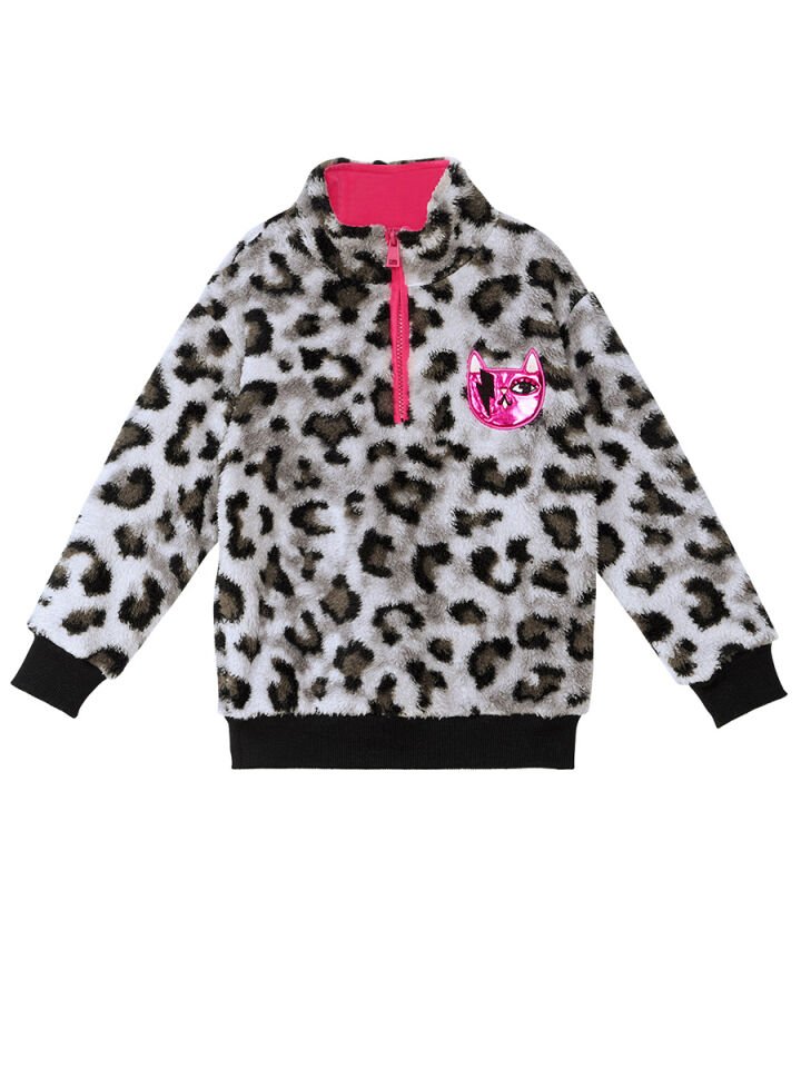 Leoparlı Kız Çocuk Peluş Sweatshirt 7 Y - Gri, Siyah