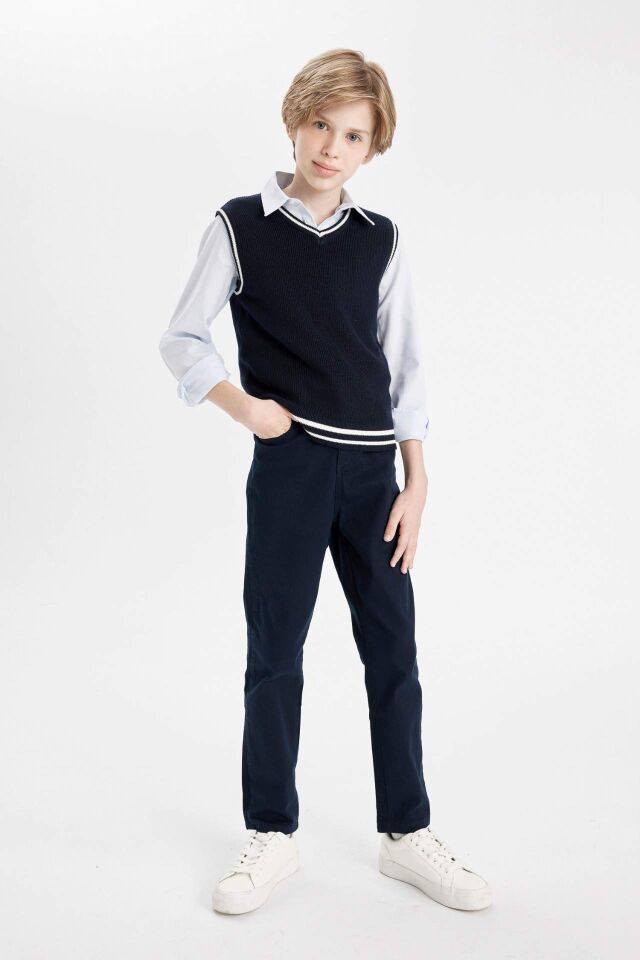 Erkek Çocuk Düz Paça Cepli Lacivert Basic Düz Gabardin Okul Pantolonu