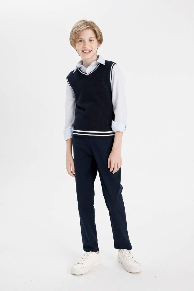 Erkek Çocuk Düz Paça Cepli Lacivert Basic Düz Gabardin Okul Pantolonu