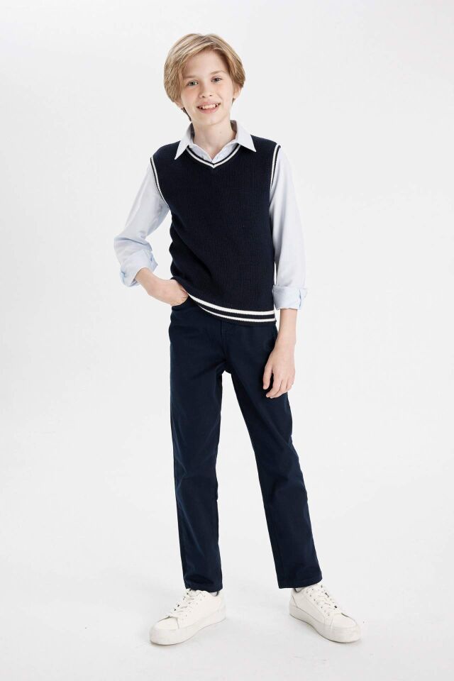 Erkek Çocuk Düz Paça Cepli Lacivert Basic Düz Gabardin Okul Pantolonu