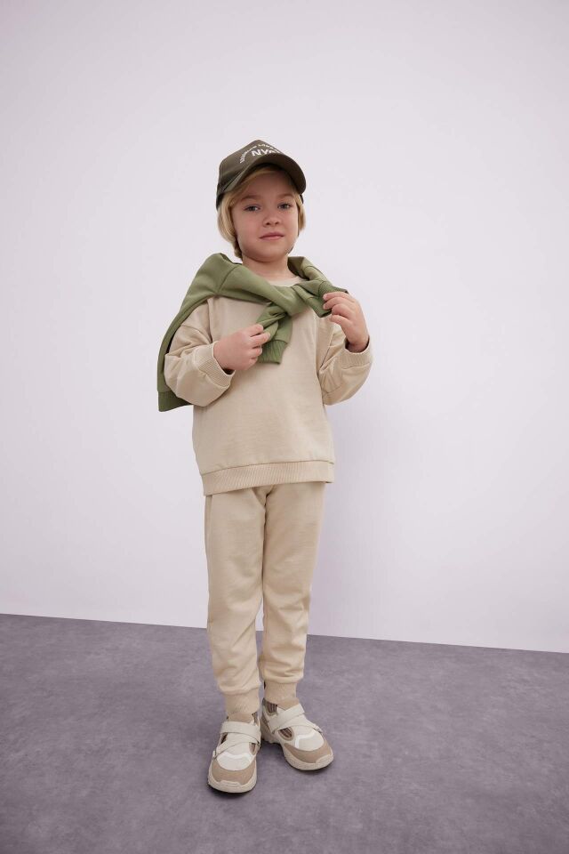Erkek Bebek Bisiklet Yaka Basic Düz İçi Yumuşak Tüylü 2'li Sweatshirt