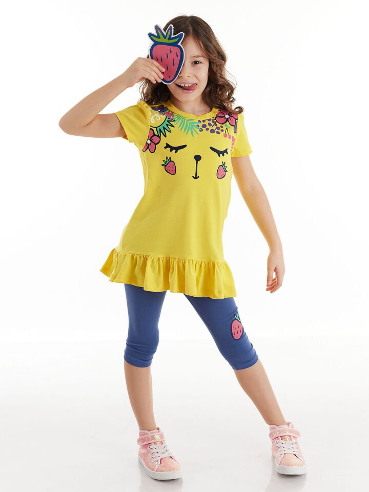 Çilek Kız Çocuk Tunik Tayt Takım 3 Y - Sarı, Lacivert