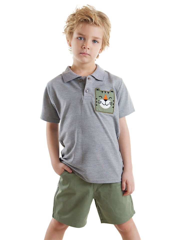 Kaplan Erkek Çocuk Polo Yaka T-shirt Şort Takım 3 Y - Gri, Haki