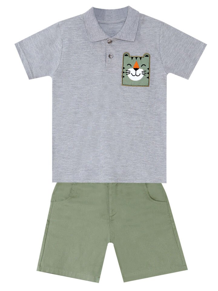 Kaplan Erkek Çocuk Polo Yaka T-shirt Şort Takım 3 Y - Gri, Haki