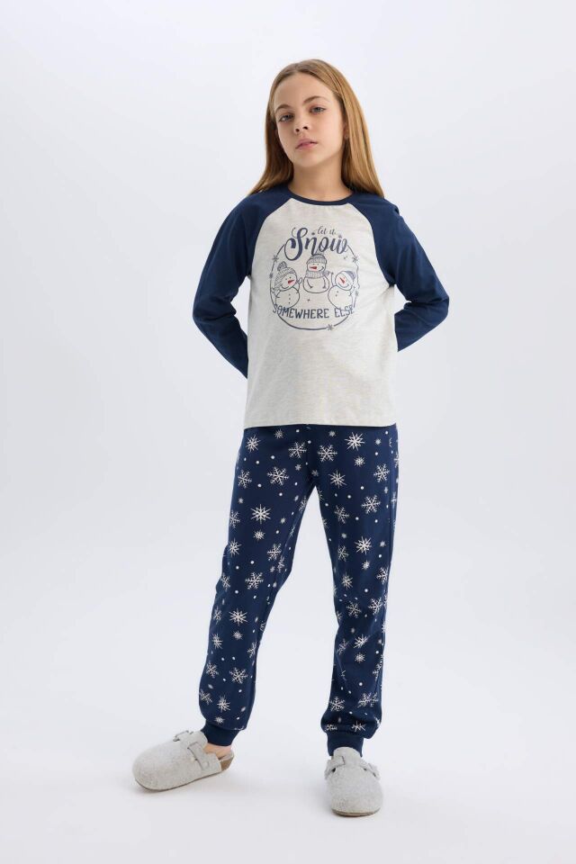 Kız Çocuk Yılbaşı Temalı Pijama Takımı Bisiklet Yaka Uzun Kollu Üst Uzun Alt