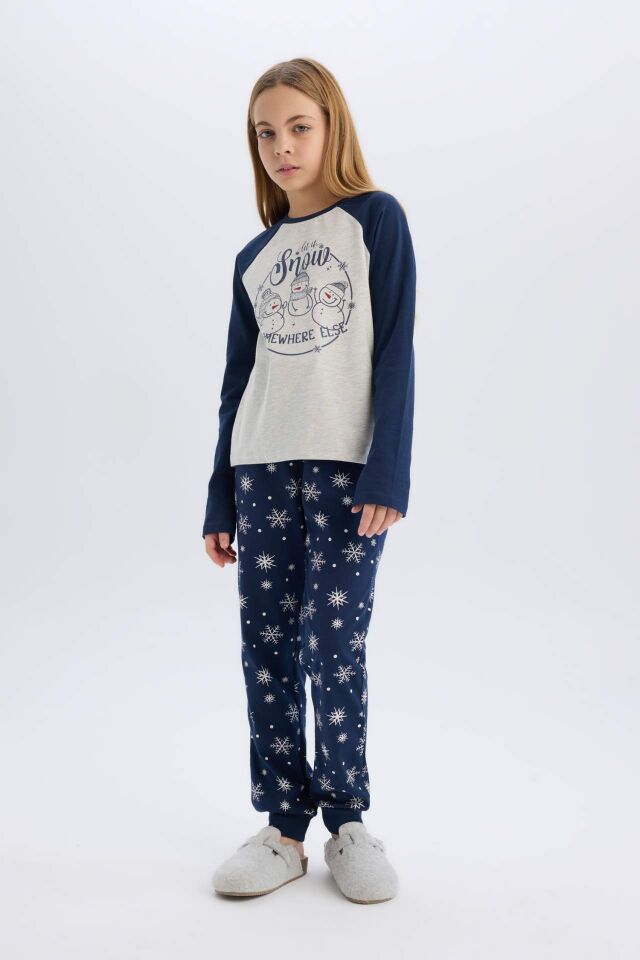 Kız Çocuk Yılbaşı Temalı Pijama Takımı Bisiklet Yaka Uzun Kollu Üst Uzun Alt