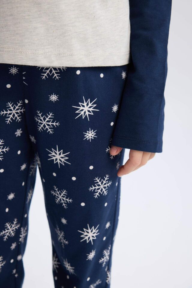 Kız Çocuk Yılbaşı Temalı Pijama Takımı Bisiklet Yaka Uzun Kollu Üst Uzun Alt