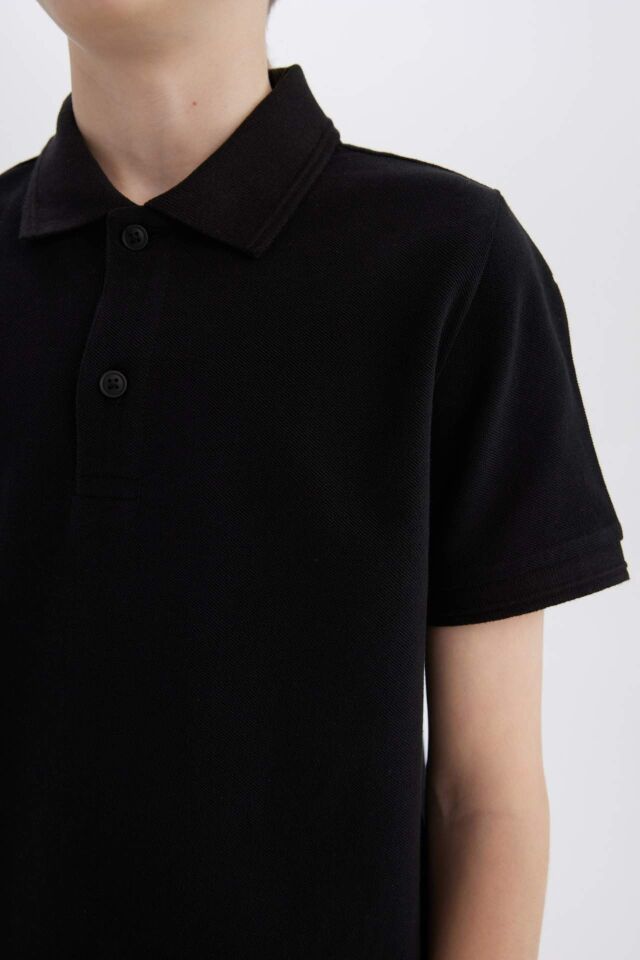 Erkek Çocuk Polo Yaka Basic Düz Pike Kısa Kollu Siyah Okul Tişörtü