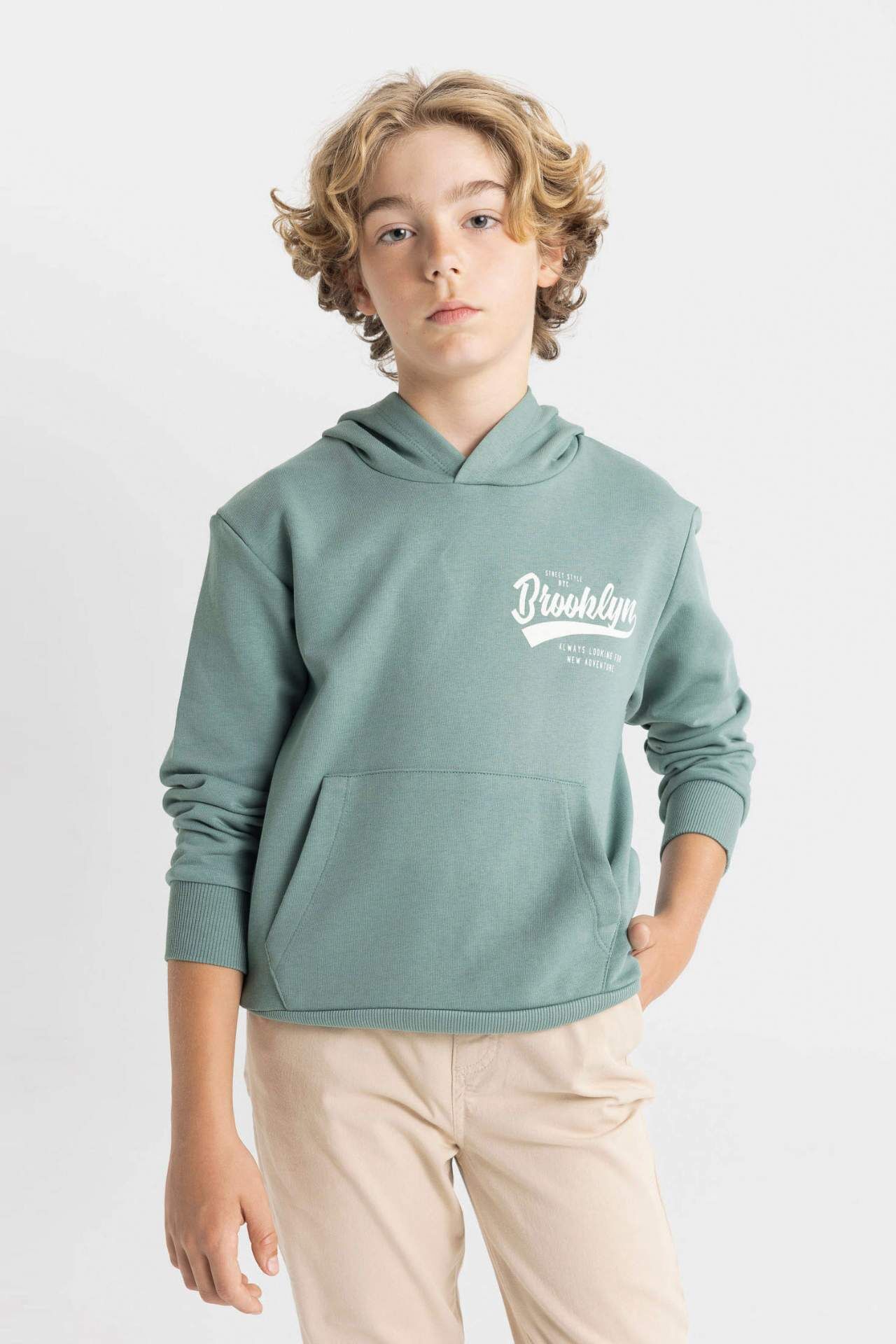 Erkek Çocuk Yeşil Yazı Baskılı Cepli Kapüşonlu Okul Sweatshirt