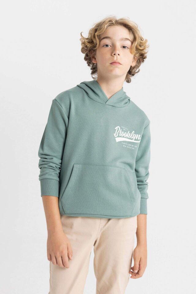 Erkek Çocuk Yeşil Yazı Baskılı Cepli Kapüşonlu Okul Sweatshirt