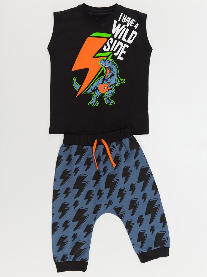 Şimşek Dino Erkek Çocuk T-shirt Kapri Şort Takım 7 Y - Siyah, Lacivert