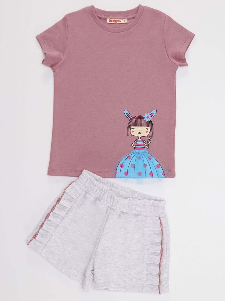 Tüllü Lily Kız Çocuk T-shirt Şort Takım 2 Y - Pembe, Açık Gri