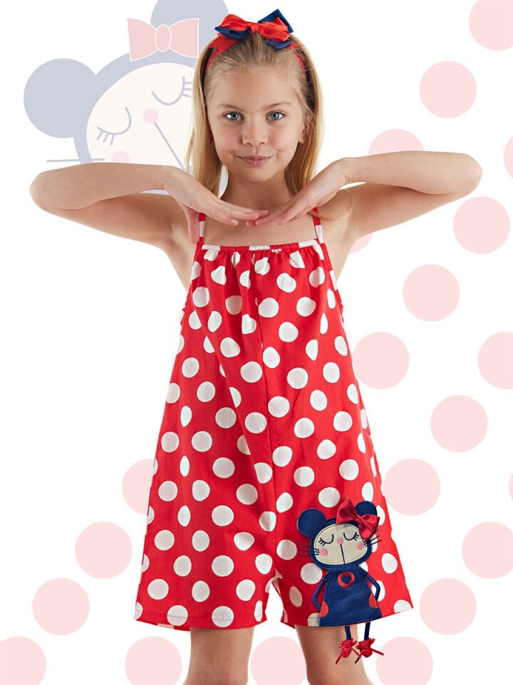 Kırmızı Puantiye Kız Çocuk Dokuma Tulum