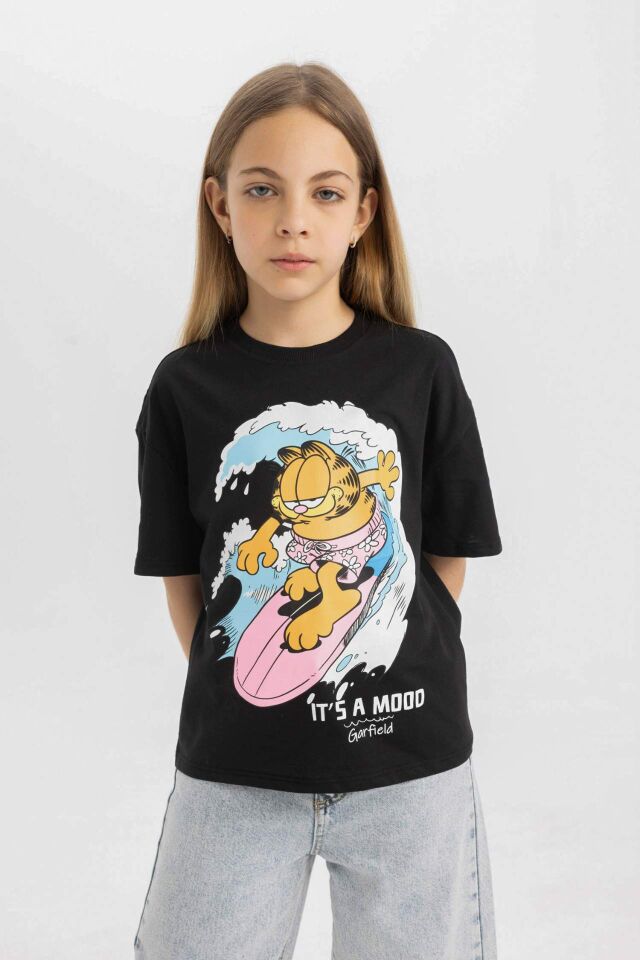 Kız Çocuk Garfield Relax Fit Bisiklet Yaka Kısa Kollu Tişört