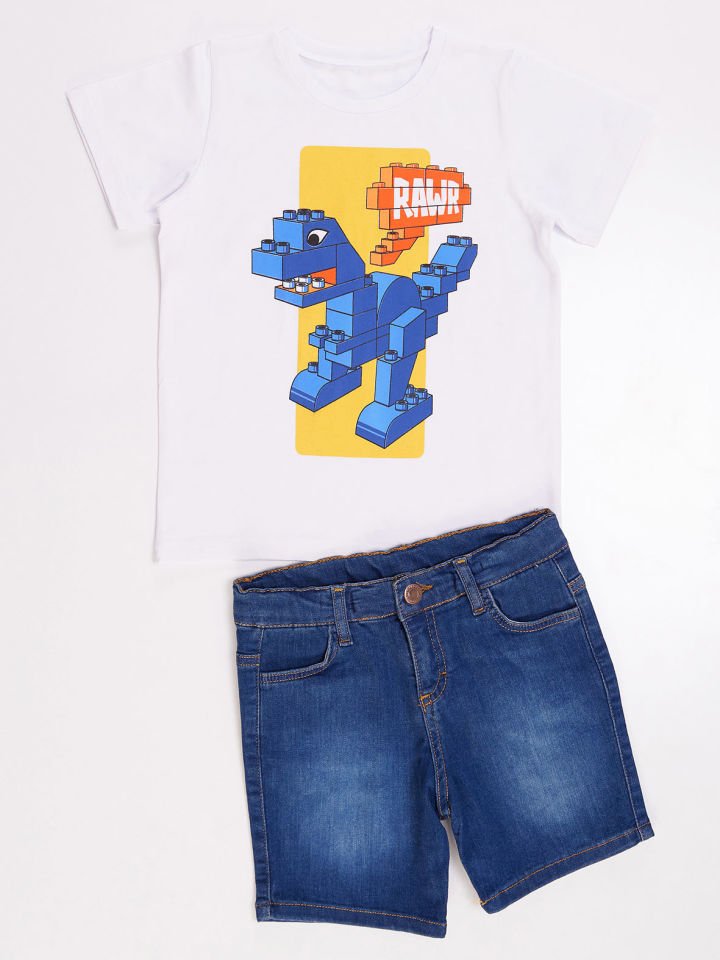 Tuğla Erkek Çocuk T-shirt Denim Şort Takım 2 Y - Beyaz, Mavi