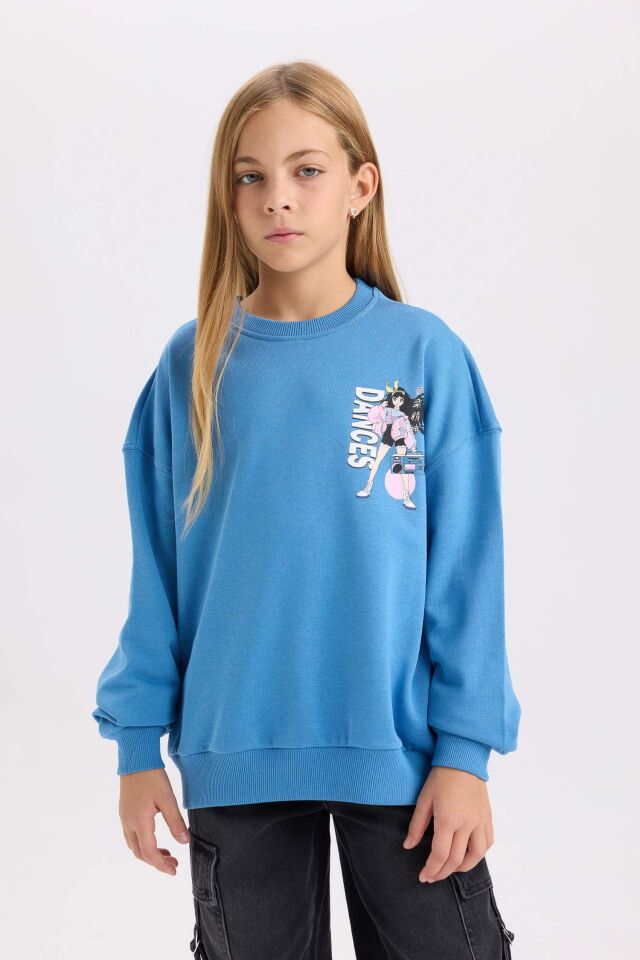 Kız Çocuk Relax Fit Bisiklet Yaka Sırt Baskılı Sweatshirt