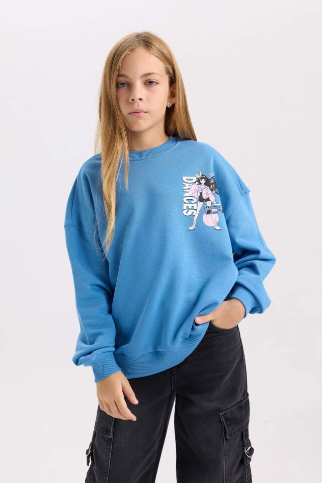 Kız Çocuk Relax Fit Bisiklet Yaka Sırt Baskılı Sweatshirt
