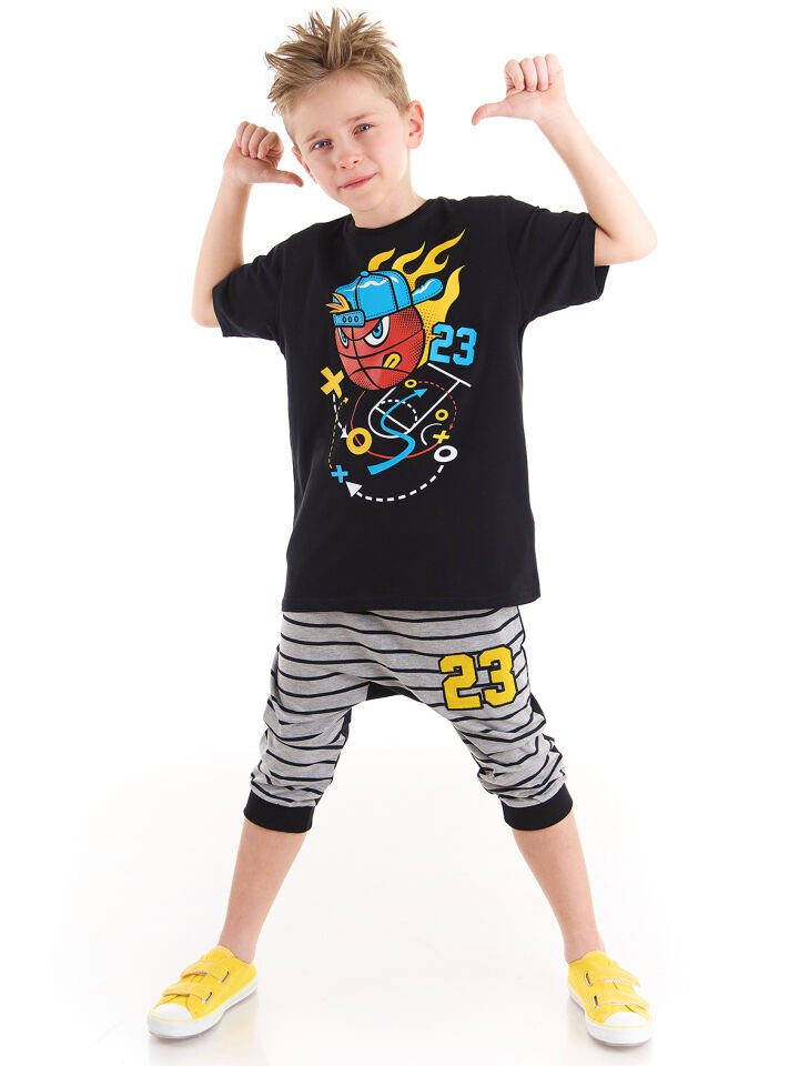 Basket Topu Erkek Çocuk T-shirt Kapri Şort Takım 4 Y - Siyah, Gri