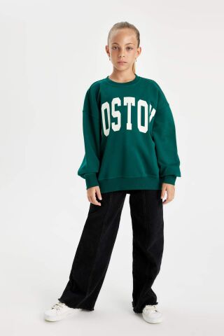 Kız Çocuk Oversize Geniş Kalıp Bisiklet Yaka Baskılı Okul Sweatshirt