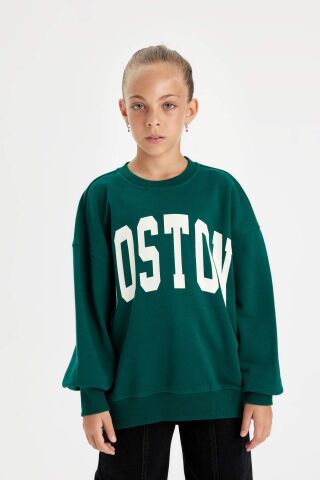 Kız Çocuk Oversize Geniş Kalıp Bisiklet Yaka Baskılı Okul Sweatshirt