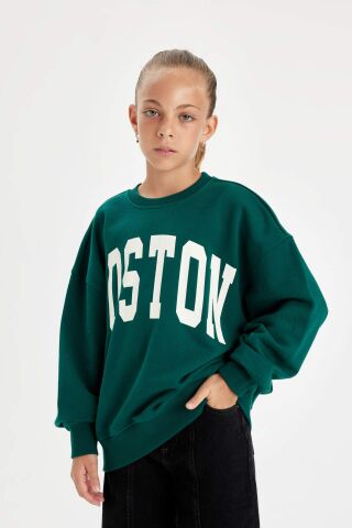 Kız Çocuk Oversize Geniş Kalıp Bisiklet Yaka Baskılı Okul Sweatshirt