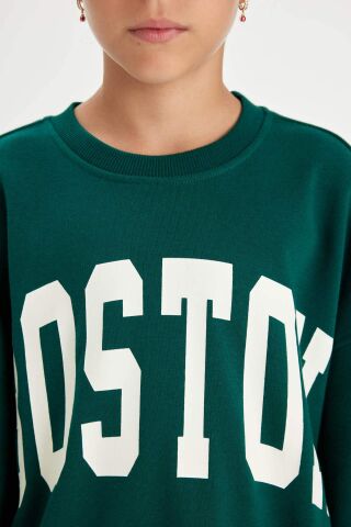 Kız Çocuk Oversize Geniş Kalıp Bisiklet Yaka Baskılı Okul Sweatshirt