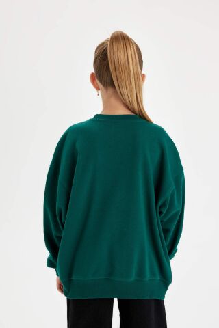 Kız Çocuk Oversize Geniş Kalıp Bisiklet Yaka Baskılı Okul Sweatshirt