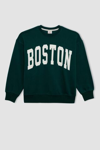 Kız Çocuk Oversize Geniş Kalıp Bisiklet Yaka Baskılı Okul Sweatshirt