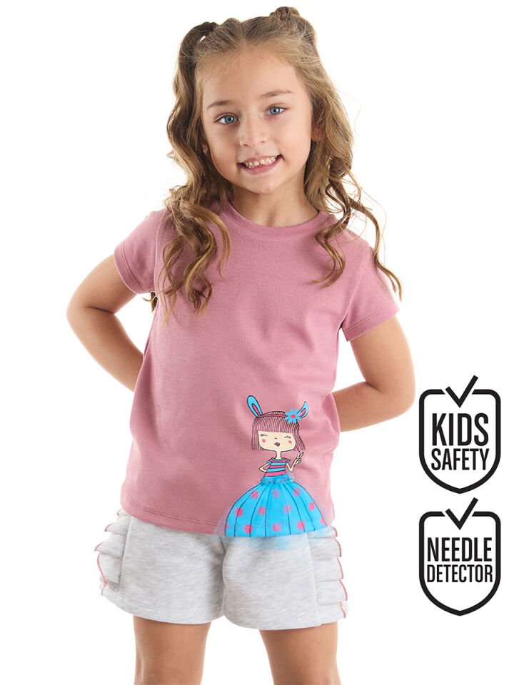 Tüllü Lily Kız Çocuk T-shirt Şort Takım 7 Y - Pembe, Açık Gri