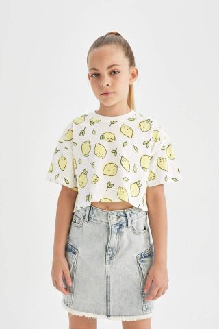Kız Çocuk Crop Bisiklet Yaka Desenli Kısa Kollu Tişört