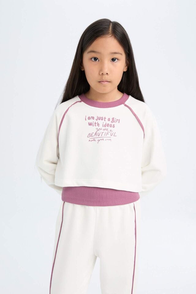 Kız Çocuk 3'lü Takım Bisiklet Yaka Baskılı Crop Sweatshirt Basic Düz Atlet Beli Lastikli Jogger Eşofman Altı
