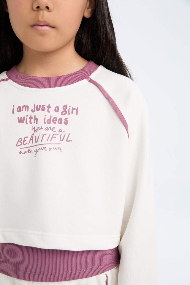 Kız Çocuk 3'lü Takım Bisiklet Yaka Baskılı Crop Sweatshirt Basic Düz Atlet Beli Lastikli Jogger Eşofman Altı
