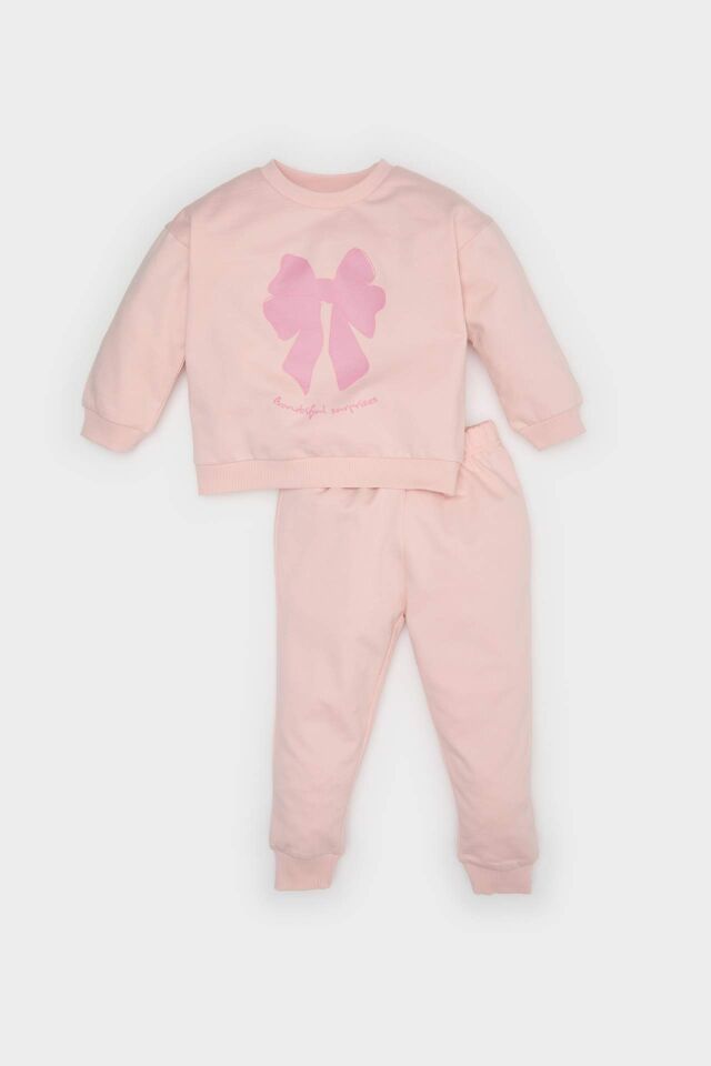 Kız Bebek 2'li Takım Fiyonk Baskılı Sweatshirt Beli Lastikli Eşofman Altı