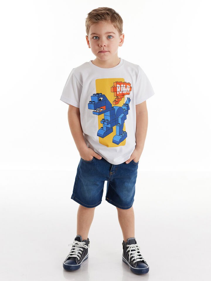 Tuğla Erkek Çocuk T-shirt Denim Şort Takım 8 Y - Beyaz, Mavi