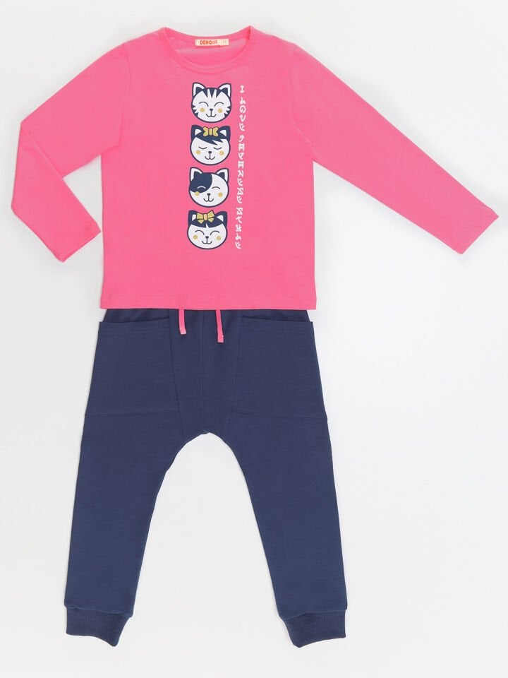 Japan Cats Kız Çocuk T-shirt Pantolon Takım 5 Y - Pembe, Lacivert