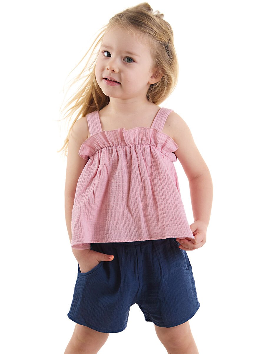 Kız Bebek Çocuk Pembe Müslin Bluz Şort Takım 18-24 M - Pembe, Lacivert